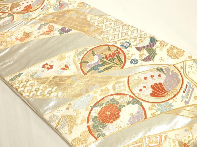 平和屋本店▼六通柄袋帯　唐織　花蝶丸文　弐拾四金二重織　正絹　逸品　DABI4982sf