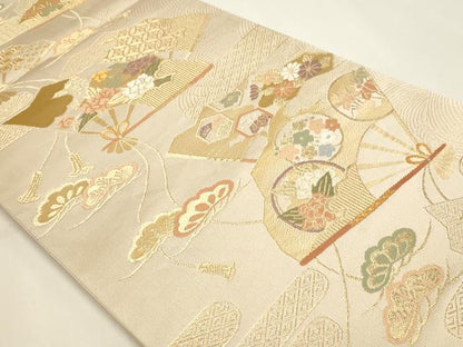 平和屋本店▼六通柄袋帯　扇面草花文　本金箔二重織　正絹　逸品　DABI4985sf