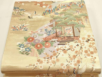 平和屋本店▼六通柄袋帯　松寿秀花文　本金糸　正絹　逸品　DABI4987sf
