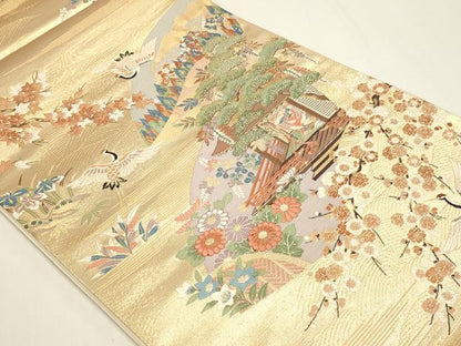 平和屋本店▼六通柄袋帯　松寿秀花文　本金糸　正絹　逸品　DABI4987sf