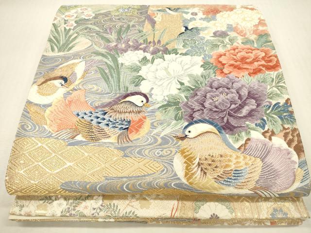 平和屋本店▼六通柄袋帯　唐織　白鷺　シラサギ　鴛鴦花文　純金箔　正絹　逸品　DABI5003op