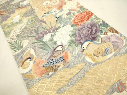 平和屋本店▼六通柄袋帯　唐織　白鷺　シラサギ　鴛鴦花文　純金箔　正絹　逸品　DABI5003op