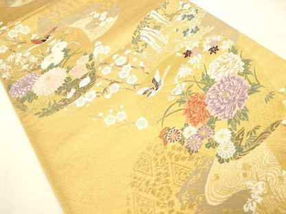平和屋本店▼六通柄袋帯　花鳥風景文　深金箔　二拾四金二重箔　正絹　逸品　DABI5007op