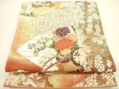 平和屋本店▼六通柄袋帯　唐織　献上扇面花鳥紋　純金箔　正絹　逸品　DABI5010op