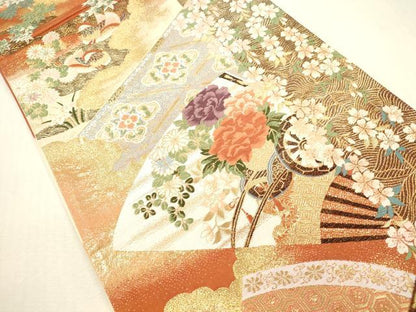 平和屋本店▼六通柄袋帯　唐織　献上扇面花鳥紋　純金箔　正絹　逸品　DABI5010op