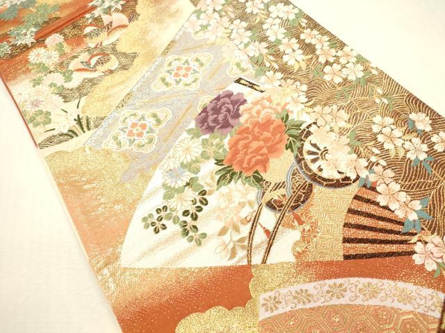 平和屋本店▼六通柄袋帯　唐織　献上扇面花鳥紋　純金箔　正絹　逸品　DABI5010op