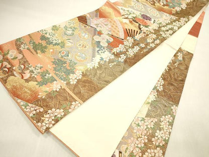 平和屋本店▼六通柄袋帯　唐織　献上扇面花鳥紋　純金箔　正絹　逸品　DABI5010op
