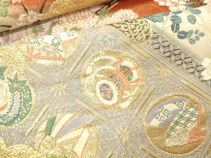 平和屋本店▼六通柄袋帯　唐織　献上扇面花鳥紋　純金箔　正絹　逸品　DABI5010op