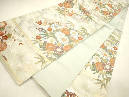 平和屋本店▼六通柄袋帯　唐織　草花　本金箔　正絹　逸品　DABI5029op