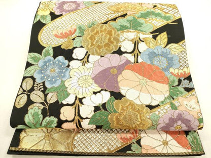平和屋本店▼六通柄袋帯　草花松文　黒地　本金箔　正絹　逸品　DABI5034op