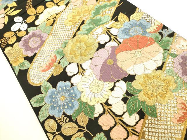 平和屋本店▼六通柄袋帯　草花松文　黒地　本金箔　正絹　逸品　DABI5034op