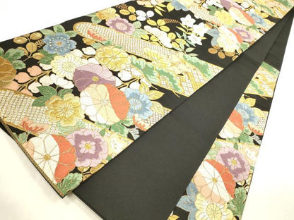 平和屋本店▼六通柄袋帯　草花松文　黒地　本金箔　正絹　逸品　DABI5034op