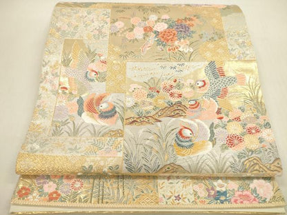 平和屋本店▼六通柄袋帯　唐織　色紙取鴛鴦花文　本金箔　正絹　逸品　DABI5040op