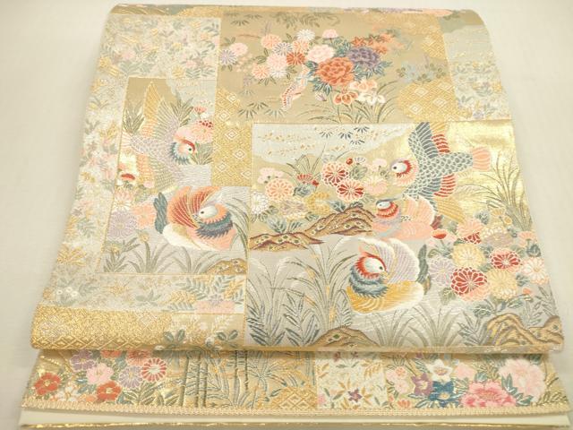平和屋本店▼六通柄袋帯　唐織　色紙取鴛鴦花文　本金箔　正絹　逸品　DABI5040op