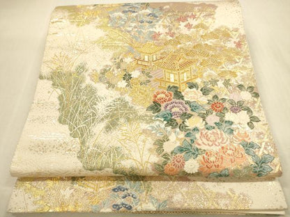 平和屋本店▼六通柄袋帯　唐織　風景名所道　九百本金弐重箔　正絹　逸品　DABI5049op