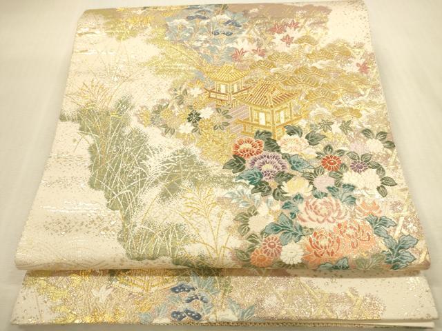 平和屋本店▼六通柄袋帯　唐織　風景名所道　九百本金弐重箔　正絹　逸品　DABI5049op
