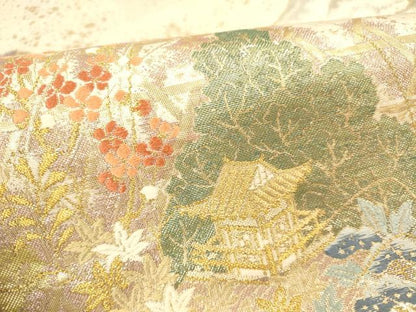 平和屋本店▼六通柄袋帯　唐織　風景名所道　九百本金弐重箔　正絹　逸品　DABI5049op