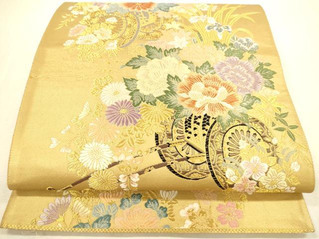 平和屋本店▼六通柄袋帯　唐織　花車都之詩　九百本金弐重織　正絹　逸品　DABI5056op