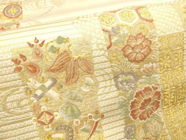 平和屋本店▼六通柄袋帯　唐織　扇子花文　宝尽くし　小袖間道織　本金箔　鈴乃屋扱い　正絹　逸品　DABI5057op