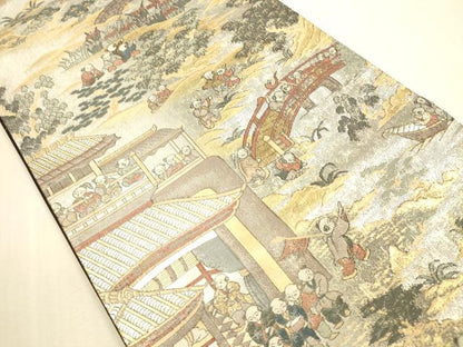 平和屋本店▼全通全景柄袋帯　渡橋人物風景文　プラチナ本金二重箔　正絹　逸品　DABI5061op
