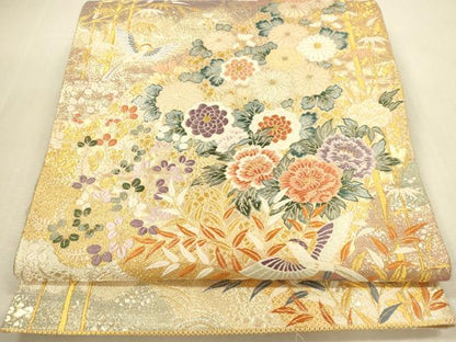 平和屋本店▼六通柄袋帯　唐織　竹寿花鳥文　九百本金弐重織　正絹　逸品　DABI5062op