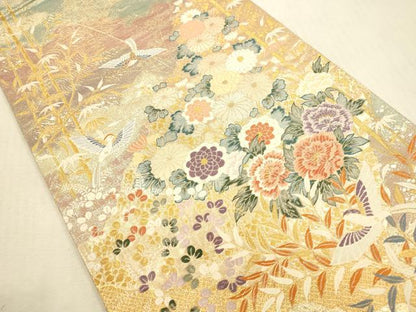平和屋本店▼六通柄袋帯　唐織　竹寿花鳥文　九百本金弐重織　正絹　逸品　DABI5062op