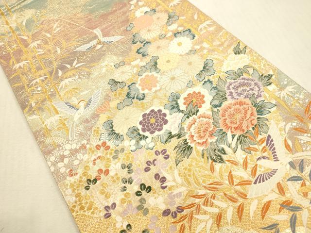 平和屋本店▼六通柄袋帯　唐織　竹寿花鳥文　九百本金弐重織　正絹　逸品　DABI5062op