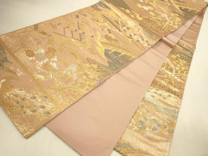 平和屋本店▼六通柄袋帯　平安花鳥　純金箔二重織　正絹　逸品　DABI5071op