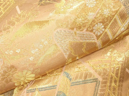 平和屋本店▼六通柄袋帯　平安花鳥　純金箔二重織　正絹　逸品　DABI5071op