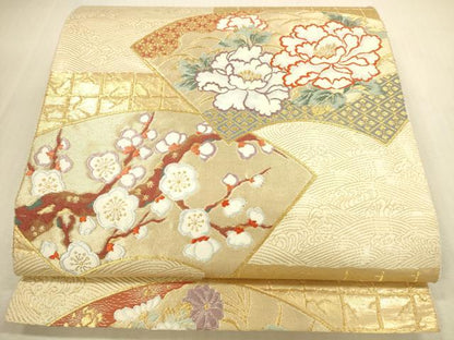 平和屋本店▼六通柄袋帯　地紙花文　牡丹　枝梅　本金箔　正絹　逸品　DABI5080op