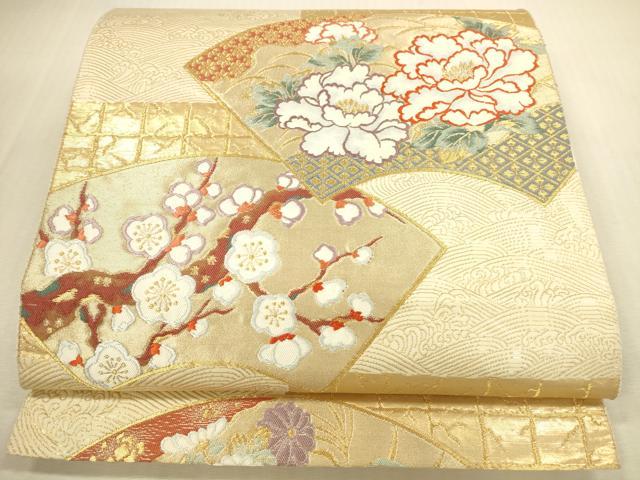 平和屋本店▼六通柄袋帯　地紙花文　牡丹　枝梅　本金箔　正絹　逸品　DABI5080op