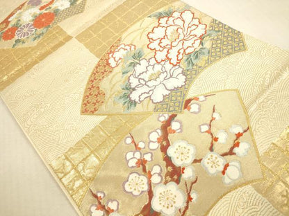 平和屋本店▼六通柄袋帯　地紙花文　牡丹　枝梅　本金箔　正絹　逸品　DABI5080op