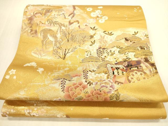 平和屋本店▼西陣　志都香織物謹製　六通柄袋帯　御所車花文　九百錦　純銀純金箔　正絹　逸品　DABI5082op