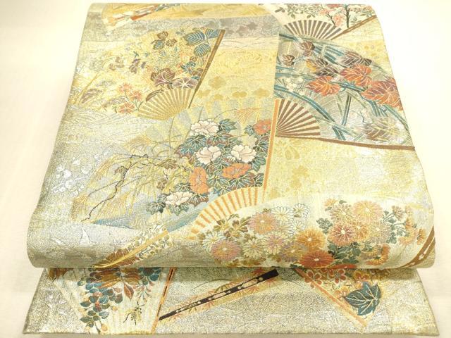 平和屋本店▼極上　西陣あさぎ　両面　全通全景柄袋帯 琳派三十六華扇 本金プラチナ二重箔 たとう紙・分析通知書付き 正絹 逸品 DABI5086op