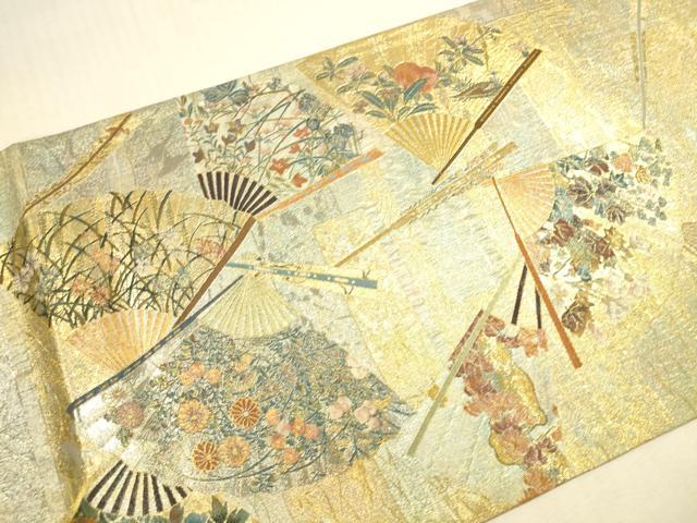 平和屋本店▼極上　西陣あさぎ　両面　全通全景柄袋帯 琳派三十六華扇 本金プラチナ二重箔 たとう紙・分析通知書付き 正絹 逸品 DABI5086op
