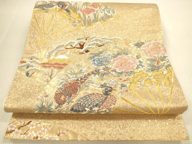 平和屋本店▼六通柄袋帯　唐織　九百錦　扇面花鳥屏風絵巻　本金箔　正絹　逸品　DABI5093op