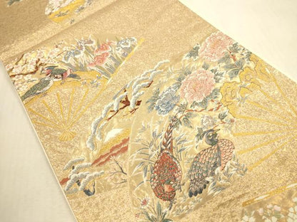 平和屋本店▼六通柄袋帯　唐織　九百錦　扇面花鳥屏風絵巻　本金箔　正絹　逸品　DABI5093op