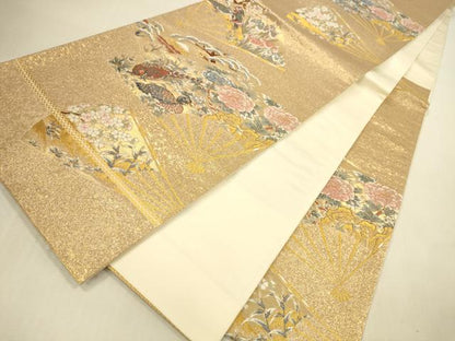 平和屋本店▼六通柄袋帯　唐織　九百錦　扇面花鳥屏風絵巻　本金箔　正絹　逸品　DABI5093op