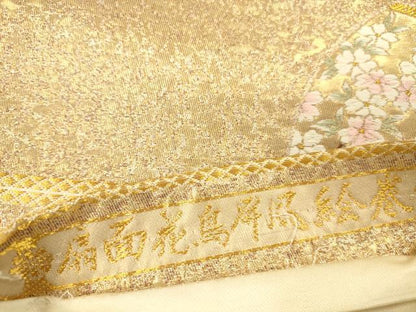平和屋本店▼六通柄袋帯　唐織　九百錦　扇面花鳥屏風絵巻　本金箔　正絹　逸品　DABI5093op