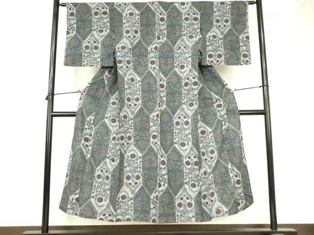 平和屋着物▽上質なお召　単衣　洋花文　正絹　逸品　DABI5098op
