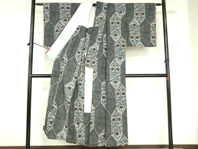 平和屋着物▽上質なお召　単衣　洋花文　正絹　逸品　DABI5098op