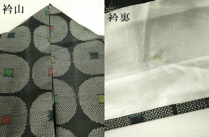 平和屋着物▽上質な紬　単衣　抽象丸文　黒地　正絹　逸品　DABI5109op