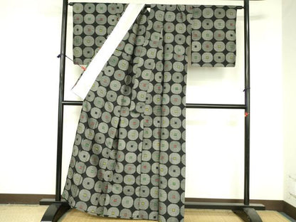 平和屋着物▽上質な紬　単衣　抽象丸文　黒地　正絹　逸品　DABI5109op