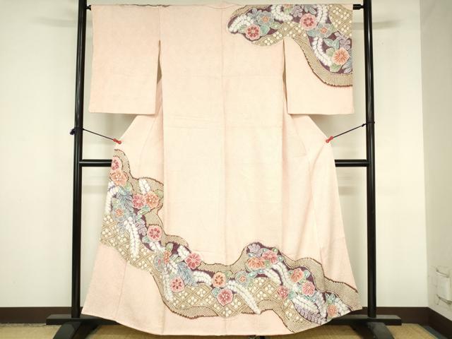平和屋着物●名門　藤娘きぬたや・総絞り　訪問着　道長花文　正絹　逸品　DABI5118op