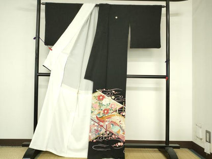 平和屋着物●本加賀友禅作家　芦原敏成　黒留袖　尾長鳥花文　正絹　逸品　DABI5120op