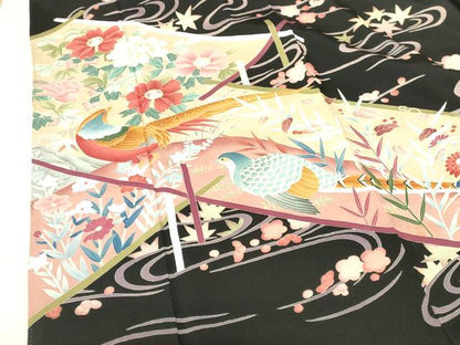 平和屋着物●本加賀友禅作家　芦原敏成　黒留袖　尾長鳥花文　正絹　逸品　DABI5120op