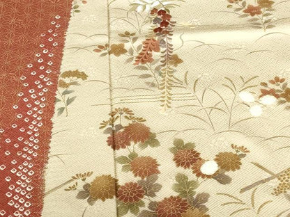平和屋着物●訪問着　刺繍　絞り　枝垂れ藤　草花　麻の葉文様　金彩　正絹　逸品　DABI5136op
