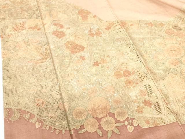 平和屋着物●中国三大刺繍　スワトウ刺繍　汕頭刺繍　相良刺繍　総刺繍　訪問着　紬地　花鳥文　正絹　逸品　DABI5138op