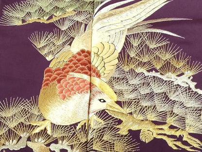 平和屋着物▼豪華色留袖　総刺繍　尾長鳥松葉文　金銀糸　正絹　逸品　DABI5141op