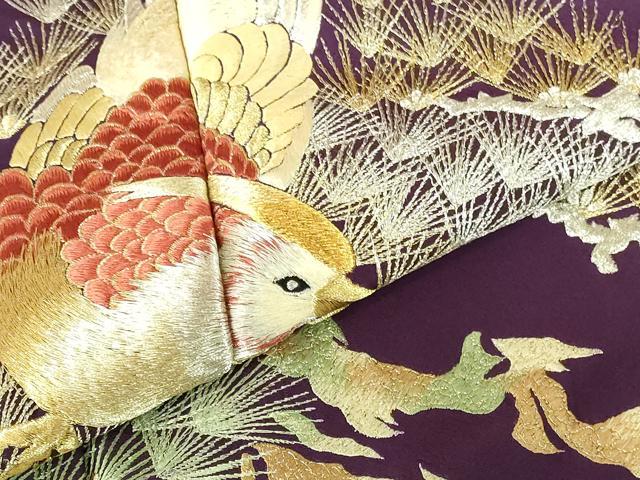 平和屋着物▼豪華色留袖　総刺繍　尾長鳥松葉文　金銀糸　正絹　逸品　DABI5141op